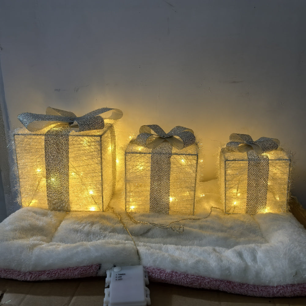 Set of 3 Lighted Christmas Gift Box Decorations, Battery Operated LED Non-Rechargeable with Golden and Silver Glitter Bow for Holiday Party Fireplace Mantel Office Display - AA Battery Powered, No Remote, Freestanding Indoor
