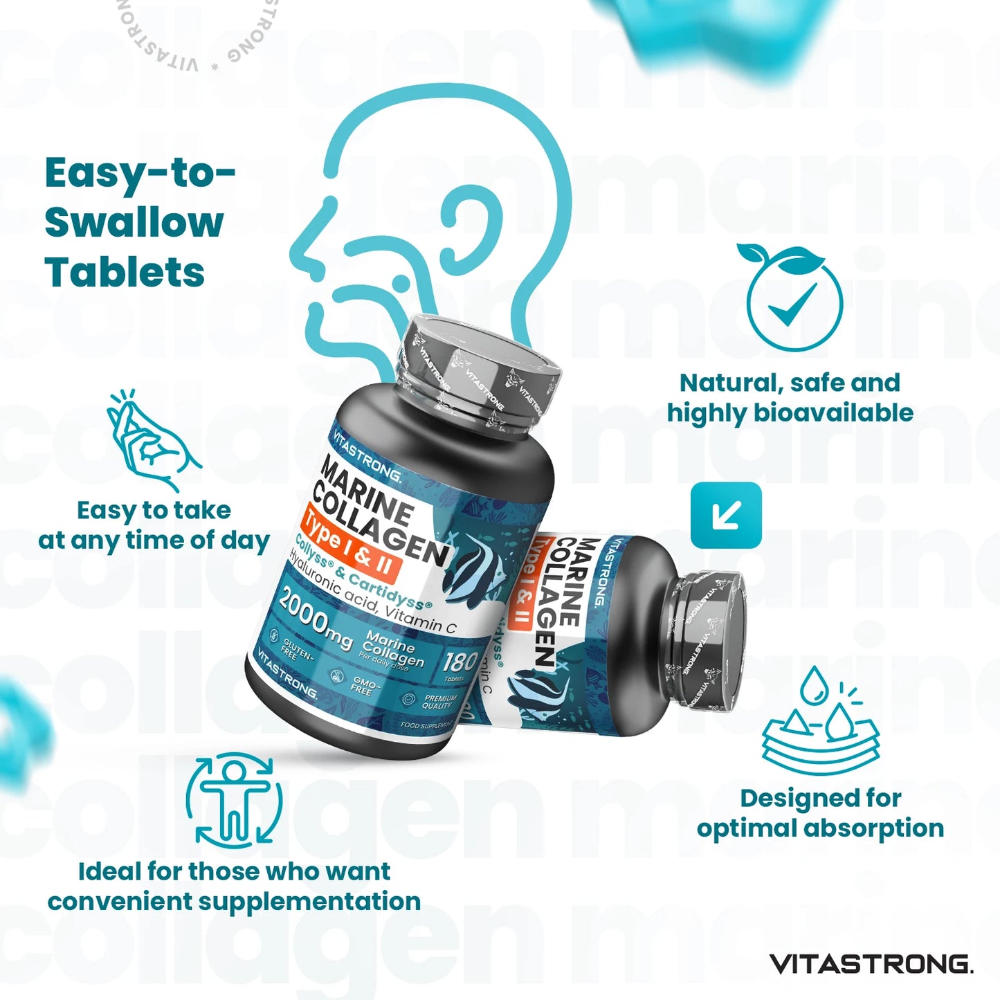 Vitastrong Marine Collagen 2000 mg patentiertes Typ 1 & 2 Kollyss ® & Cartidyss ® -180 Tabletten – Marinekollagen mit Hyaluronsäure – mit Vitamin C – effektive Formel – Premiumqualität