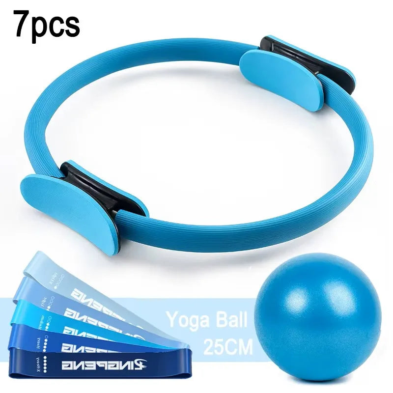 7-teiliges Pilates-Ring-Set, magischer Kreis, explosionsgeschützter Pilates-Miniball, hochelastisches Widerstandsband, Yoga-Weizenschlauchball