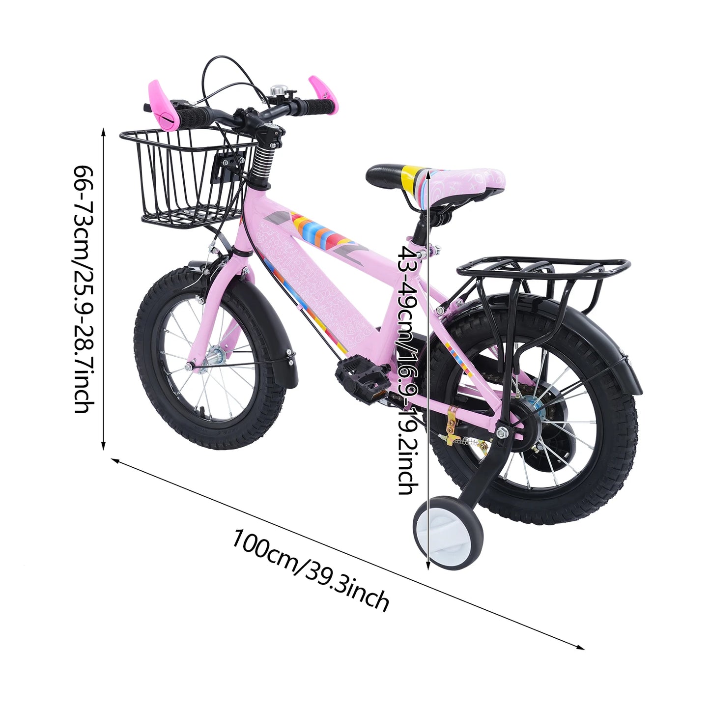 14-Zoll-Kinderfahrrad, verstellbarer Sitz, Kinderfahrradlast 50 kg, mit Trainingsrädern + Korb + Rücksitz für 3–6 Jahre alt (lila/rosa)