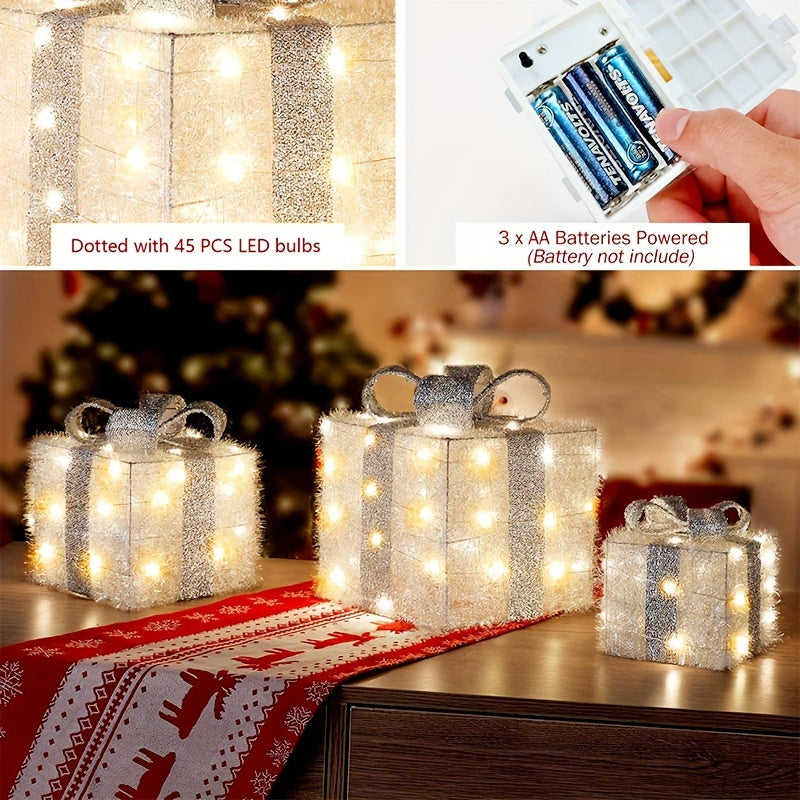 Set of 3 Lighted Christmas Gift Box Decorations, Battery Operated LED Non-Rechargeable with Golden and Silver Glitter Bow for Holiday Party Fireplace Mantel Office Display - AA Battery Powered, No Remote, Freestanding Indoor