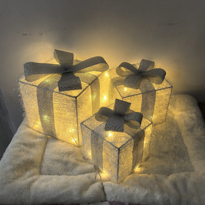 Set of 3 Lighted Christmas Gift Box Decorations, Battery Operated LED Non-Rechargeable with Golden and Silver Glitter Bow for Holiday Party Fireplace Mantel Office Display - AA Battery Powered, No Remote, Freestanding Indoor