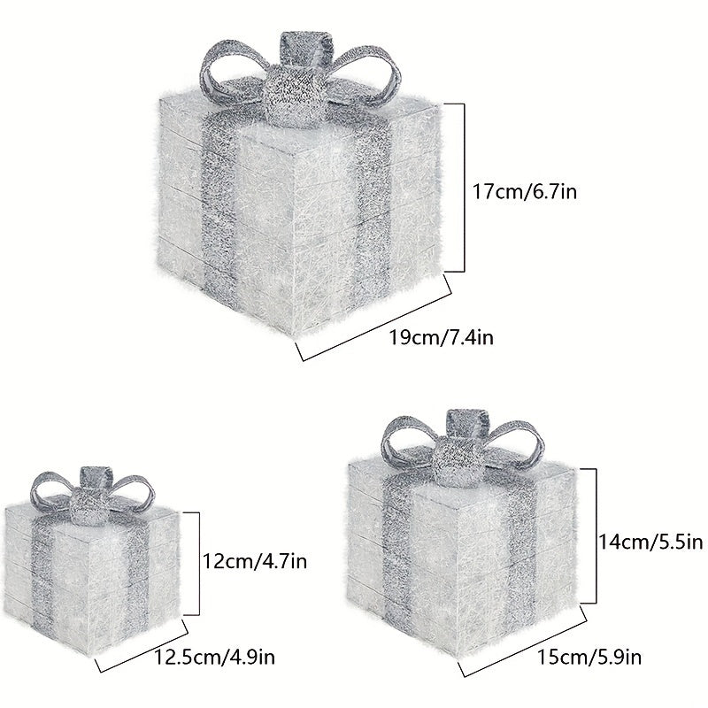 Set of 3 Lighted Christmas Gift Box Decorations, Battery Operated LED Non-Rechargeable with Golden and Silver Glitter Bow for Holiday Party Fireplace Mantel Office Display - AA Battery Powered, No Remote, Freestanding Indoor