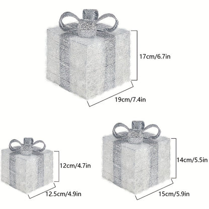 Set of 3 Lighted Christmas Gift Box Decorations, Battery Operated LED Non-Rechargeable with Golden and Silver Glitter Bow for Holiday Party Fireplace Mantel Office Display - AA Battery Powered, No Remote, Freestanding Indoor