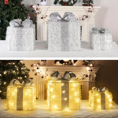 Set of 3 Lighted Christmas Gift Box Decorations, Battery Operated LED Non-Rechargeable with Golden and Silver Glitter Bow for Holiday Party Fireplace Mantel Office Display - AA Battery Powered, No Remote, Freestanding Indoor