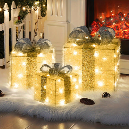 Set of 3 Lighted Christmas Gift Box Decorations, Battery Operated LED Non-Rechargeable with Golden and Silver Glitter Bow for Holiday Party Fireplace Mantel Office Display - AA Battery Powered, No Remote, Freestanding Indoor