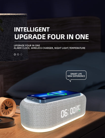 4in 1 Multifunction Wireless Charger Pad Stand LED Night Light Temperature Time Desktop Alarm Clock Mobile Phone Chargers Induction Fast Charging Dock Station Base for iPhone 16 15 14 13 12 for Galaxy S25 S24 S23 Bedroom Offi