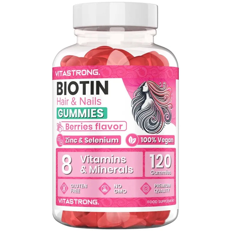 Vitastrong Biotin High Dosage Complex 100 % vegan – 120 Biotin Gum für Haare, Haut und Nägel mit Zink, Selen, Vitamin C, Vitamin E, Vitamin B6, folieren und Kaliumionid – unterstützt gesundes Haar und reduziert Müdigk