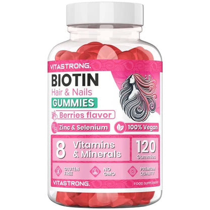 Vitastrong Biotin High Dosage Complex 100 % vegan – 120 Biotin Gum für Haare, Haut und Nägel mit Zink, Selen, Vitamin C, Vitamin E, Vitamin B6, folieren und Kaliumionid – unterstützt gesundes Haar und reduziert Müdigk