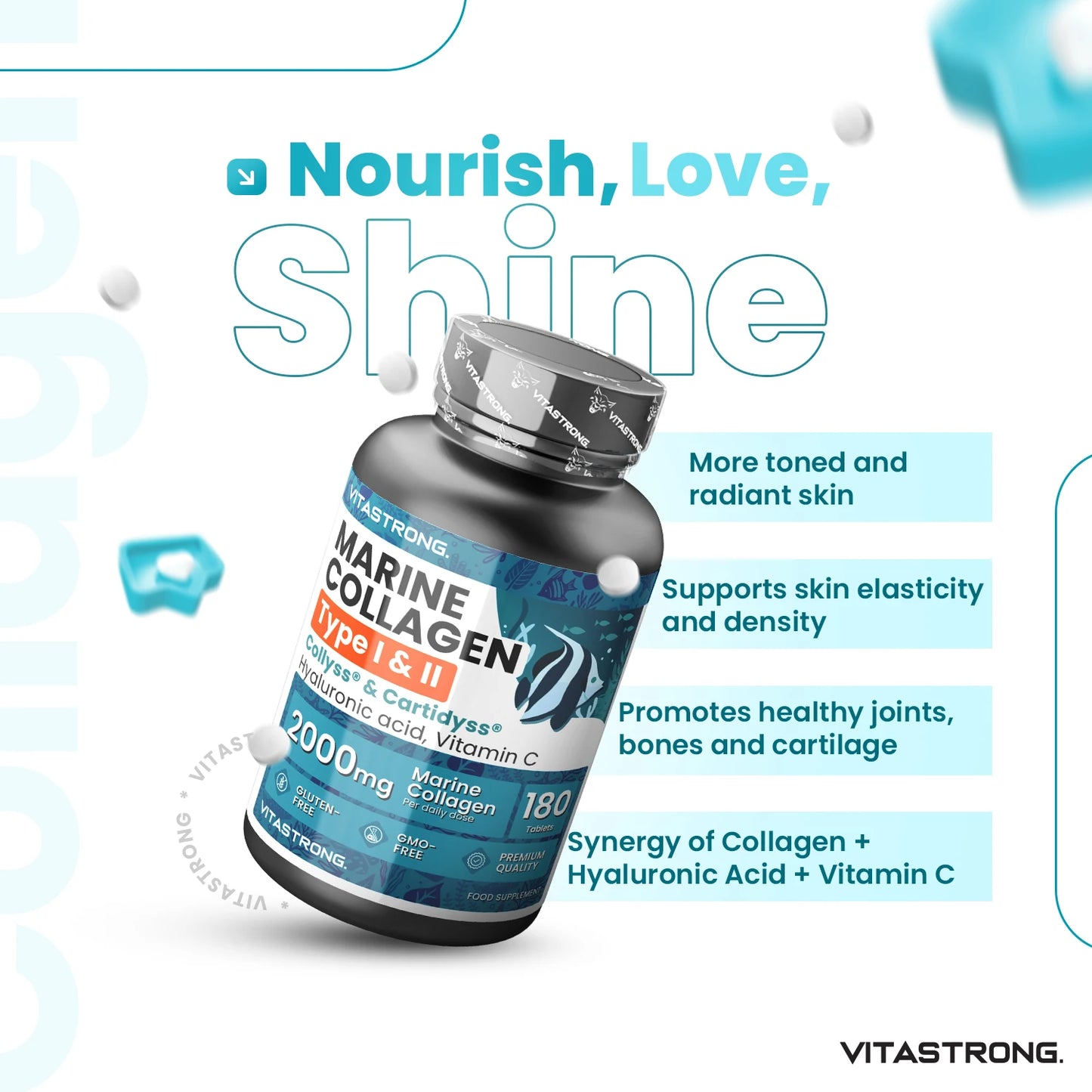 Vitastrong Marine Collagen 2000 mg patentiertes Typ 1 & 2 Kollyss ® & Cartidyss ® -180 Tabletten – Marinekollagen mit Hyaluronsäure – mit Vitamin C – effektive Formel – Premiumqualität