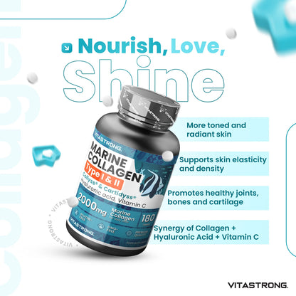 Vitastrong Marine Collagen 2000 mg patentiertes Typ 1 & 2 Kollyss ® & Cartidyss ® -180 Tabletten – Marinekollagen mit Hyaluronsäure – mit Vitamin C – effektive Formel – Premiumqualität