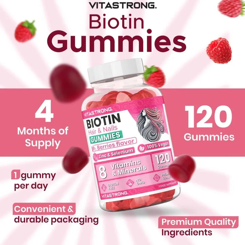 Vitastrong Biotin High Dosage Complex 100 % vegan – 120 Biotin Gum für Haare, Haut und Nägel mit Zink, Selen, Vitamin C, Vitamin E, Vitamin B6, folieren und Kaliumionid – unterstützt gesundes Haar und reduziert Müdigk