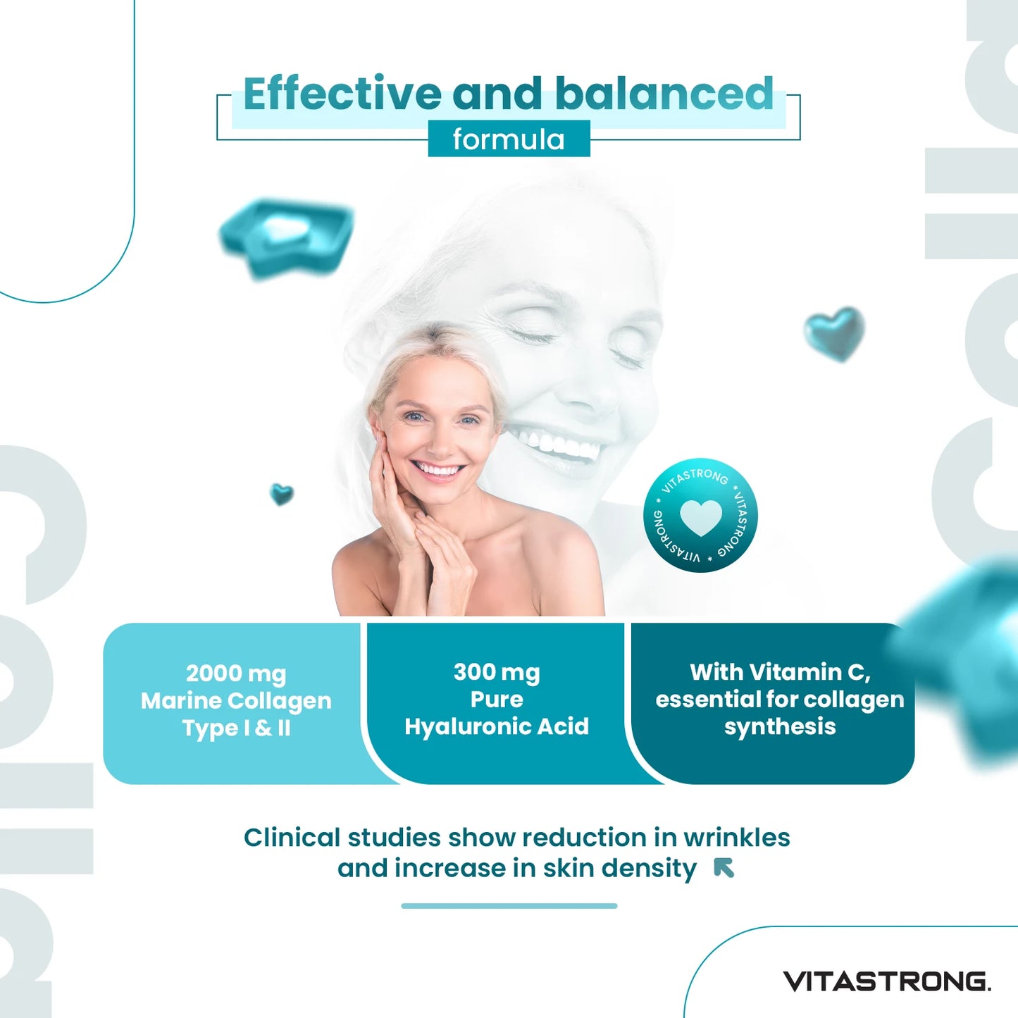 Vitastrong Marine Collagen 2000 mg patentiertes Typ 1 & 2 Kollyss ® & Cartidyss ® -180 Tabletten – Marinekollagen mit Hyaluronsäure – mit Vitamin C – effektive Formel – Premiumqualität