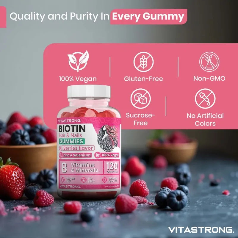 Vitastrong Biotin High Dosage Complex 100 % vegan – 120 Biotin Gum für Haare, Haut und Nägel mit Zink, Selen, Vitamin C, Vitamin E, Vitamin B6, folieren und Kaliumionid – unterstützt gesundes Haar und reduziert Müdigk