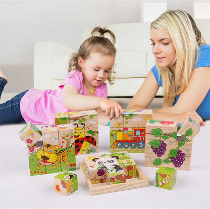 Baby Holz Blöcke Spielzeug Kinder Sechs Seite Cube Puzzles Spiel Tier Obst Verkehr Erkennen Frühen Lernen Pädagogisches Spielzeug