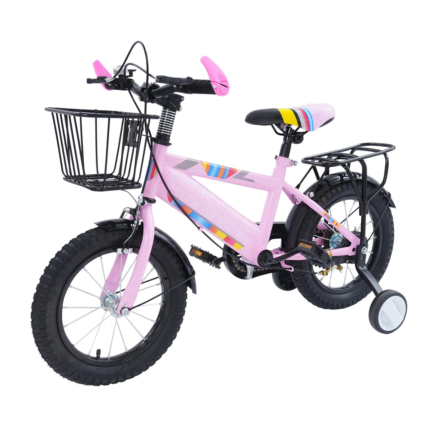 14-Zoll-Kinderfahrrad, verstellbarer Sitz, Kinderfahrradlast 50 kg, mit Trainingsrädern + Korb + Rücksitz für 3–6 Jahre alt (lila/rosa)
