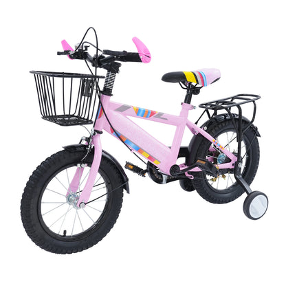 14-Zoll-Kinderfahrrad, verstellbarer Sitz, Kinderfahrradlast 50 kg, mit Trainingsrädern + Korb + Rücksitz für 3–6 Jahre alt (lila/rosa)