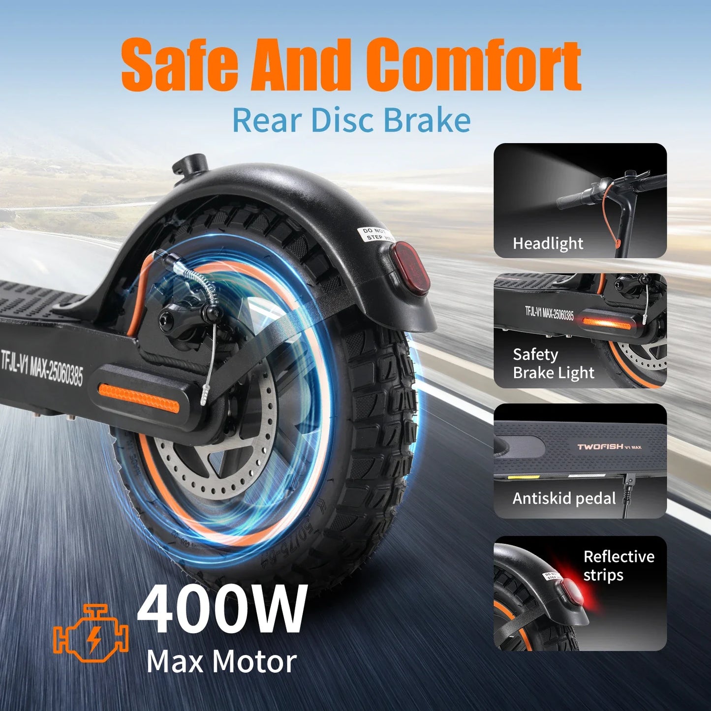 TWOFISH Elektroroller, 400 W Leistungsmotor, 9 Zoll Reifen, 10,4 Ah Akku, 100 kg Last, 28 km/h Scheibenbremse mit intelligenter App, faltbarer Escooter