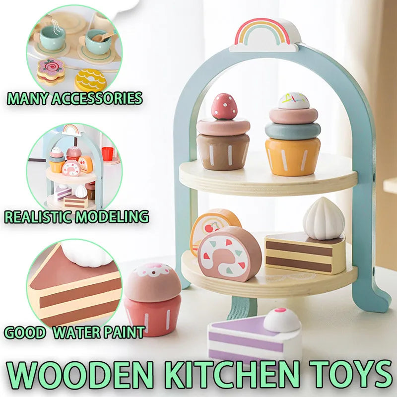 Mädchen Spielzeug Holz Nachmittag Tee Set kinder Spielzeug Küche Pretend Spielen Set Toaster Kaffeemaschine Eis Kinder Pädagogisches Spielzeug