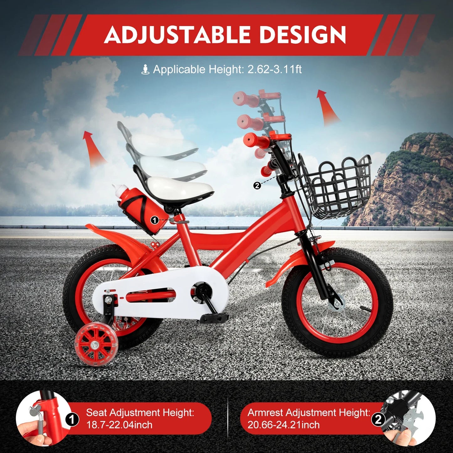 NEUESTE 12-Zoll höhenverstellbare Kinderfahrrad, Kinderfahrrad mit Stützrädern, Scheibenbremse für 3-6 Jahre alt, Anfängerfahrrad