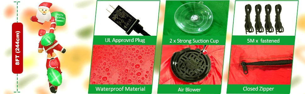 2,4 m lange aufblasbare Weihnachtsdekoration, kletternder Weihnachtsmann mit Rentier und Schneemann/Elfen, Weihnachtsdekoration für Strahldachbaum-Innenparty
