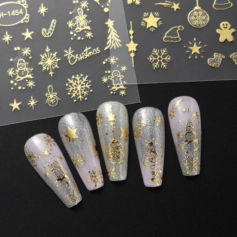 2 Stück Gold 3D Weihnachten Nagelfolie Aufkleber Funkelnde Schneeflocke Weihnachtsbaum Schneekugel Schneeflocke Nagelschieber Weihnachten Nagelaufkleber