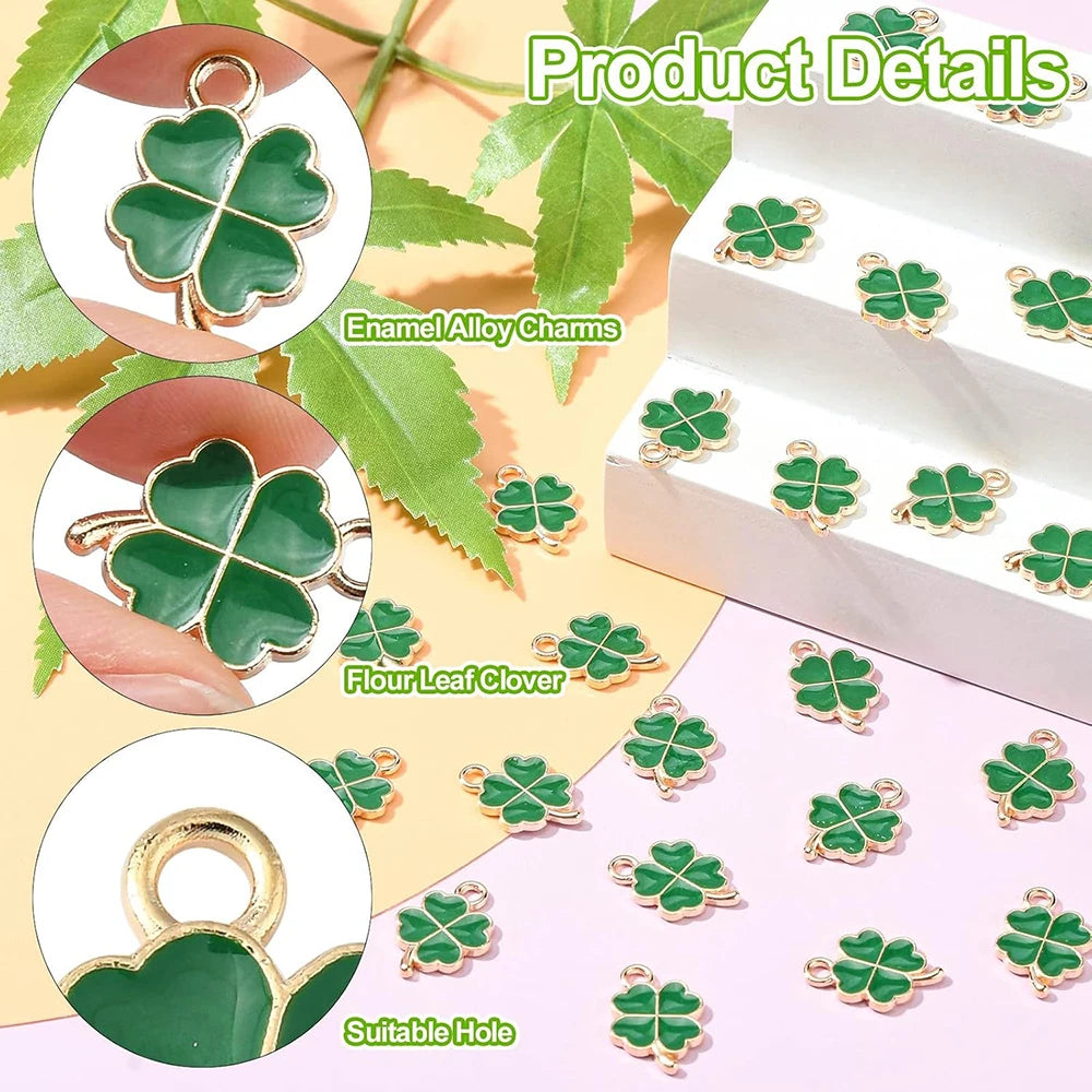 50 Stück glückliches vierblättriges Kleeblatt-Charm-Anhänger, Kleeblatt-Anhänger zum Aufhängen, vier Blütenblätter, Glücksblatt-Anhänger-Charm, DIY-Schmuckzubehör