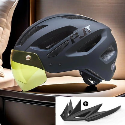 PJT Neuer LED-Fahrradhelm mit Sonnenbrille, Visier, wiederaufladbar, LED-Fahrradhelm für Herren, Sonnenbrille, Schild, Rennrad, MTB, Fahrradhelme