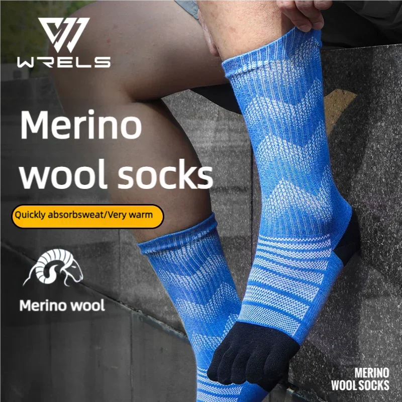WRELS Thermosocken aus Merinowolle für Herren, feuchtigkeitsableitend, verdickt, warm, Ski, Wandern, Dämpfung, Kompression, Sport-Zehensocken