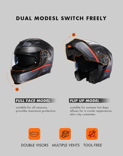 Integraler Motorradhelm mit Dual-Visier, Cyril hochklappbarer Motorradhelm mit Bluetooth-Steckplatz für Erwachsene, DOT-zugelassener Helm