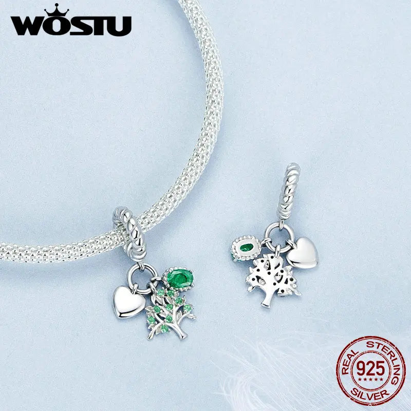 WOSTU Charms-Anhänger aus 925er-Sterlingsilber, grüner Baum des Lebens, Glücksklee-Perlen, passend für Original-Armbänder, Halsketten, DIY-Schmuck, Geschenk