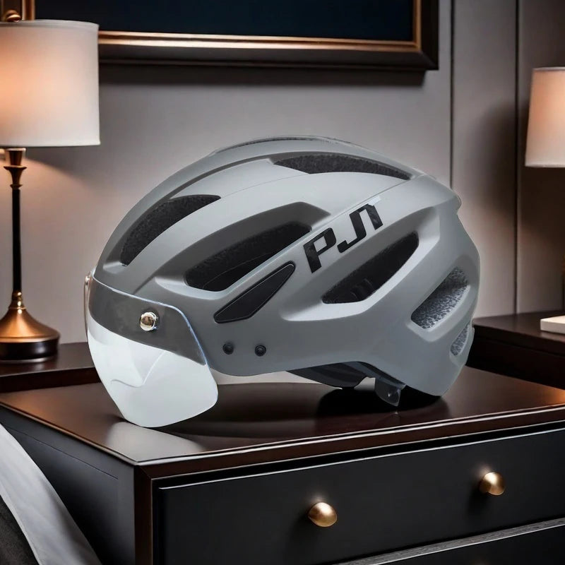 PJT Neuer LED-Fahrradhelm mit Sonnenbrille, Visier, wiederaufladbar, LED-Fahrradhelm für Herren, Sonnenbrille, Schild, Rennrad, MTB, Fahrradhelme