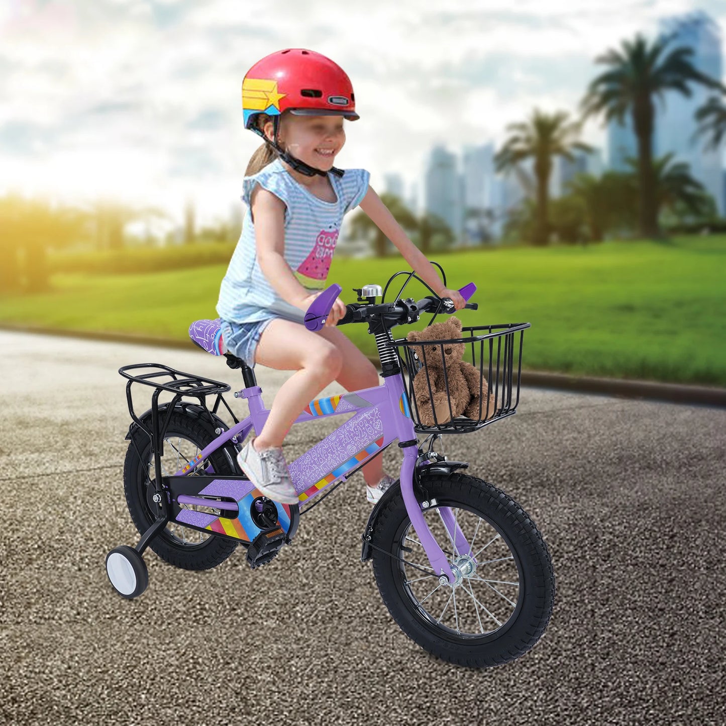 14-Zoll-Kinderfahrrad, verstellbarer Sitz, Kinderfahrradlast 50 kg, mit Trainingsrädern + Korb + Rücksitz für 3–6 Jahre alt (lila/rosa)