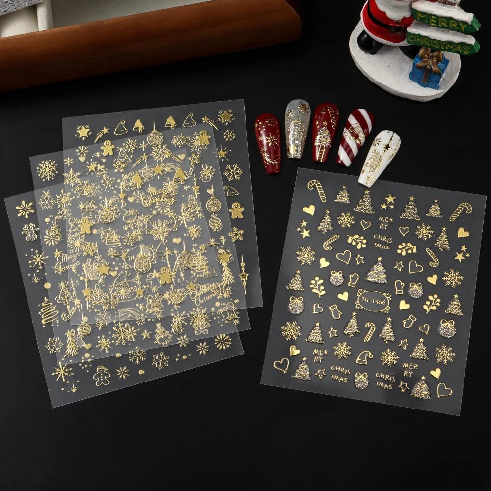 2 Stück Gold 3D Weihnachten Nagelfolie Aufkleber Funkelnde Schneeflocke Weihnachtsbaum Schneekugel Schneeflocke Nagelschieber Weihnachten Nagelaufkleber