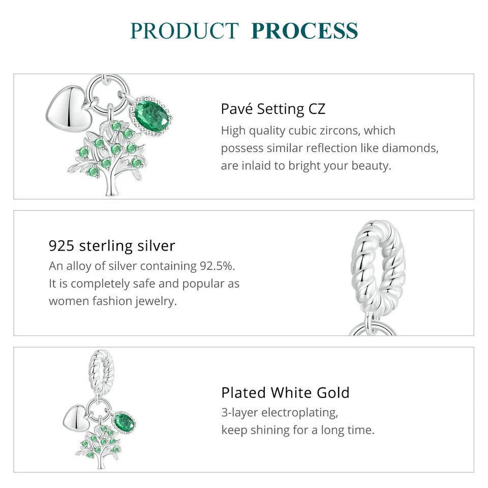 WOSTU Charms-Anhänger aus 925er-Sterlingsilber, grüner Baum des Lebens, Glücksklee-Perlen, passend für Original-Armbänder, Halsketten, DIY-Schmuck, Geschenk