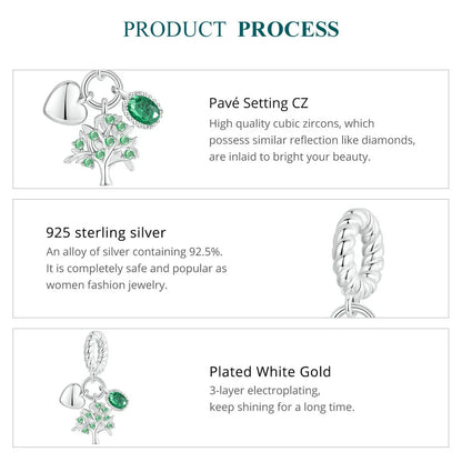 WOSTU Charms-Anhänger aus 925er-Sterlingsilber, grüner Baum des Lebens, Glücksklee-Perlen, passend für Original-Armbänder, Halsketten, DIY-Schmuck, Geschenk