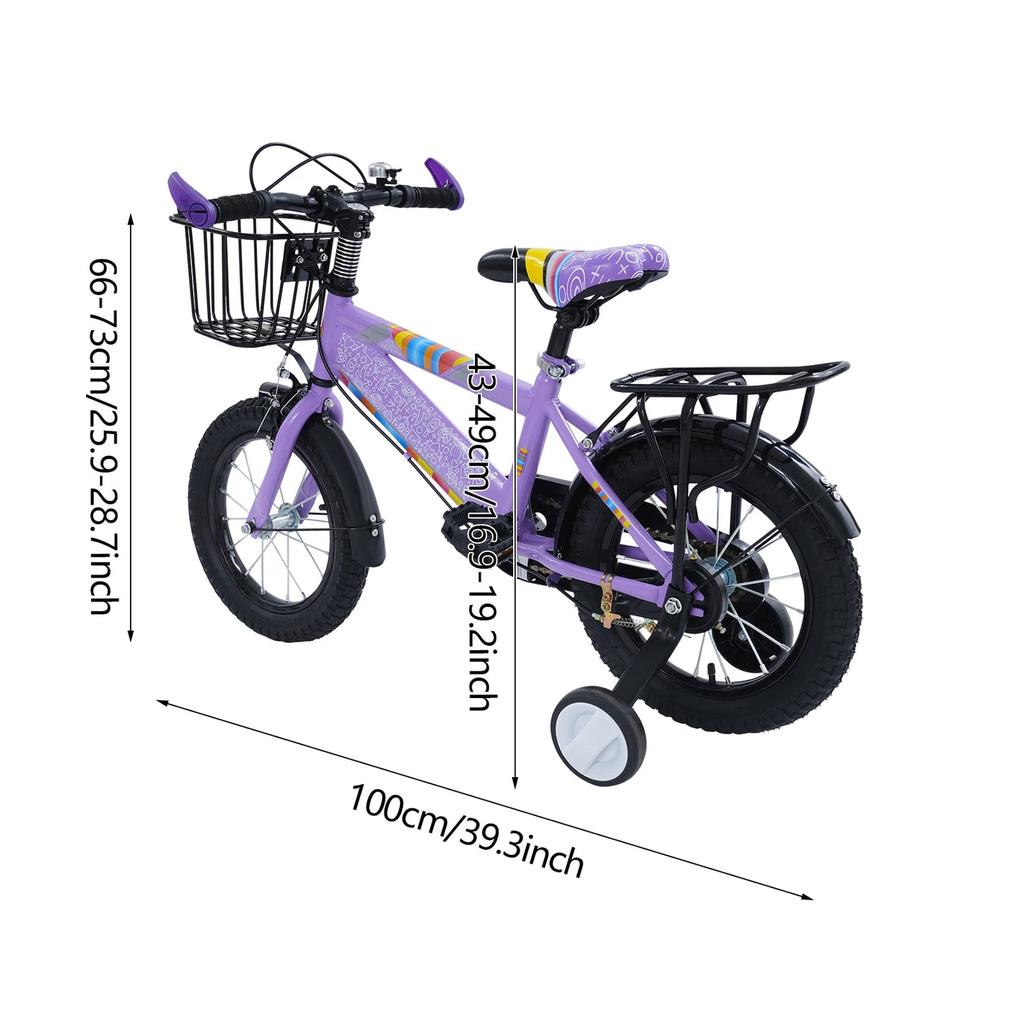 14-Zoll-Kinderfahrrad, verstellbarer Sitz, Kinderfahrradlast 50 kg, mit Trainingsrädern + Korb + Rücksitz für 3–6 Jahre alt (lila/rosa)