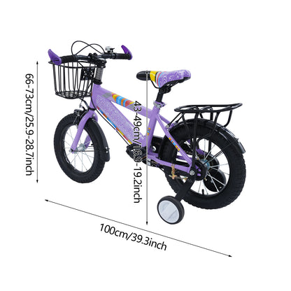 14-Zoll-Kinderfahrrad, verstellbarer Sitz, Kinderfahrradlast 50 kg, mit Trainingsrädern + Korb + Rücksitz für 3–6 Jahre alt (lila/rosa)