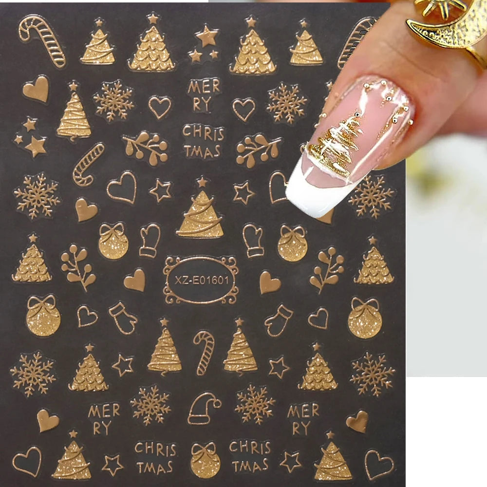 2 Stück Gold 3D Weihnachten Nagelfolie Aufkleber Funkelnde Schneeflocke Weihnachtsbaum Schneekugel Schneeflocke Nagelschieber Weihnachten Nagelaufkleber