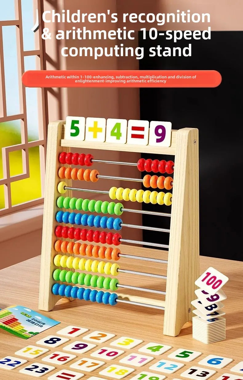 Klassisches pädagogisches Mathe-Zählspielzeug aus Holz mit 10 Reihen, 100 Perlen mit Zählstäben, Zahlen- und Alphabet-Karte, Vorschul-Mathe-Lernen