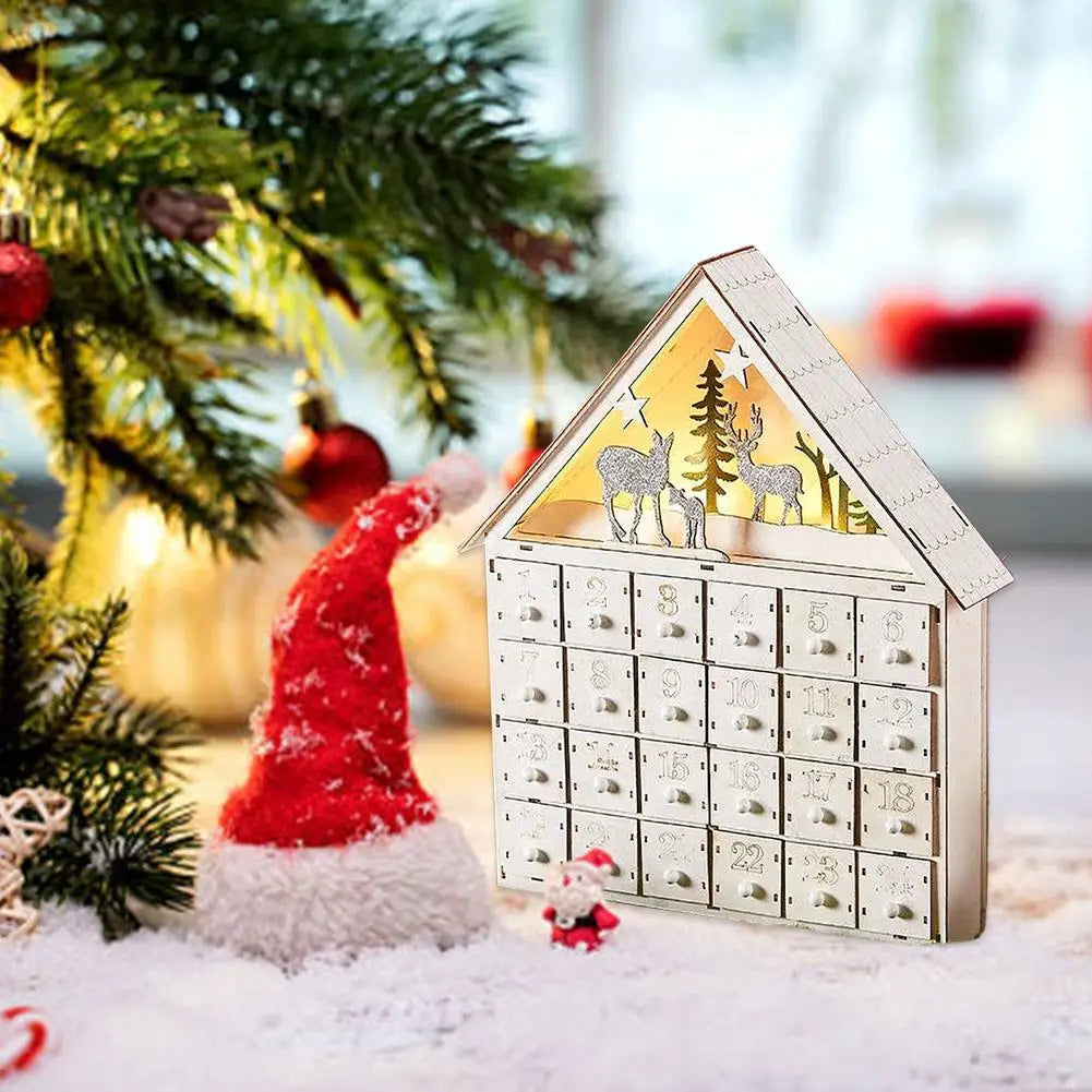 Weihnachts-Adventskalenderhaus aus Holz mit 24 Schubladen, Countdown zu Weihnachten für Kinder, LED-Heimdekoration, klein/groß