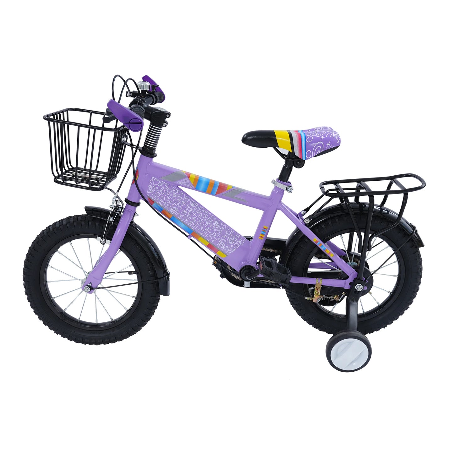 14-Zoll-Kinderfahrrad, verstellbarer Sitz, Kinderfahrradlast 50 kg, mit Trainingsrädern + Korb + Rücksitz für 3–6 Jahre alt (lila/rosa)