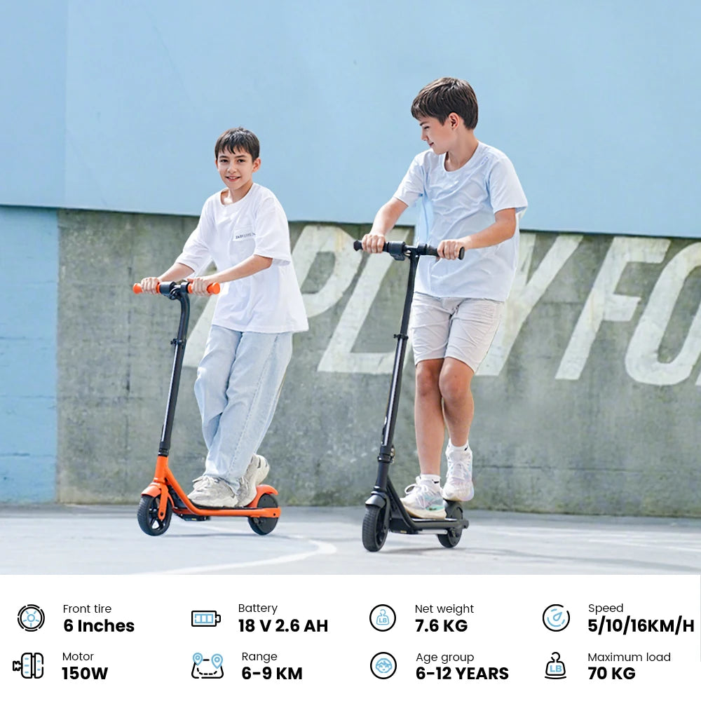Kinder-Elektroroller K2Pro 150 W Motor 6 Zoll Reifen 18 V Batterie 16 km h Höchstgeschwindigkeit 6–9 km Reichweite Orange Schwarz 3 Geschwindigkeitsgetriebe mit LED