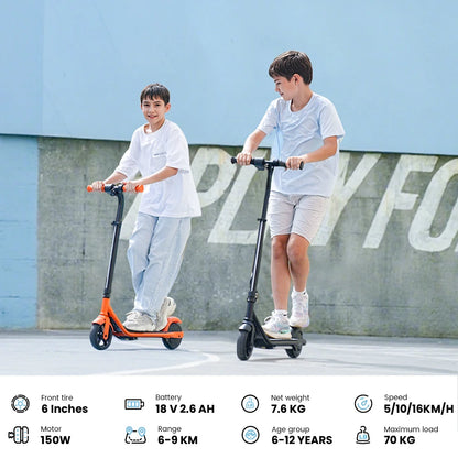 Kinder-Elektroroller K2Pro 150 W Motor 6 Zoll Reifen 18 V Batterie 16 km h Höchstgeschwindigkeit 6–9 km Reichweite Orange Schwarz 3 Geschwindigkeitsgetriebe mit LED