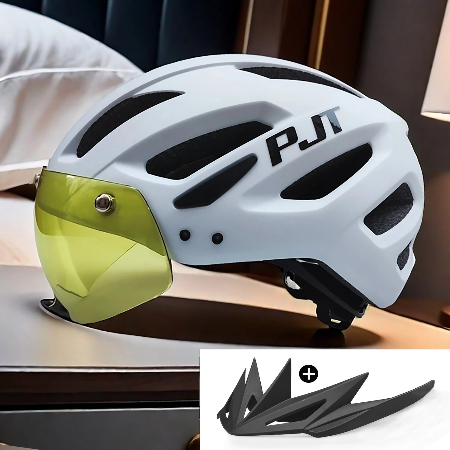PJT Neuer LED-Fahrradhelm mit Sonnenbrille, Visier, wiederaufladbar, LED-Fahrradhelm für Herren, Sonnenbrille, Schild, Rennrad, MTB, Fahrradhelme
