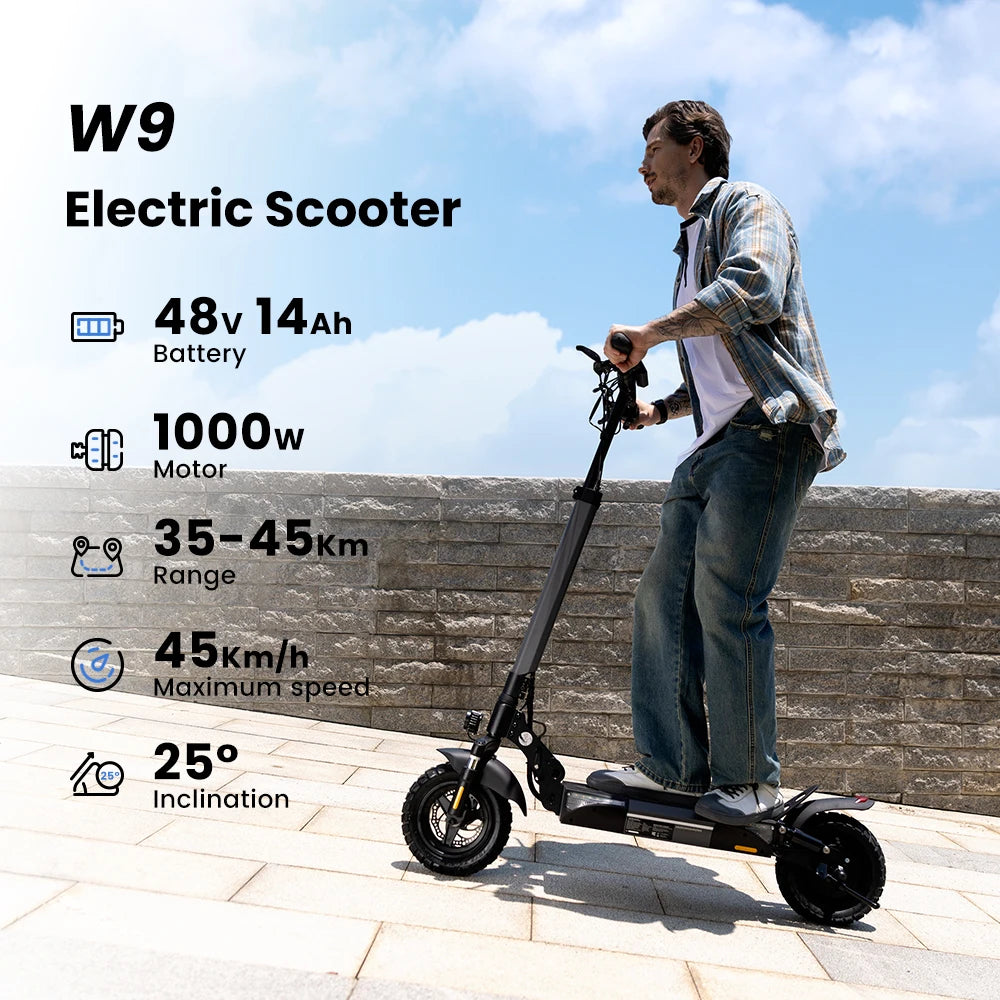 W9 10-Zoll-Offroad-Elektroroller 1000 W Hintermotor 48 V 14 Ah Batterie 45 km/h 35–45 km Reichweite Doppelscheibenbremsen mit APP E-Scooter
