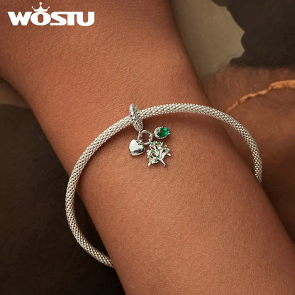 WOSTU Charms-Anhänger aus 925er-Sterlingsilber, grüner Baum des Lebens, Glücksklee-Perlen, passend für Original-Armbänder, Halsketten, DIY-Schmuck, Geschenk