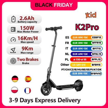 Kinder-Elektroroller K2Pro 150 W Motor 6 Zoll Reifen 18 V Batterie 16 km h Höchstgeschwindigkeit 6–9 km Reichweite Orange Schwarz 3 Geschwindigkeitsgetriebe mit LED