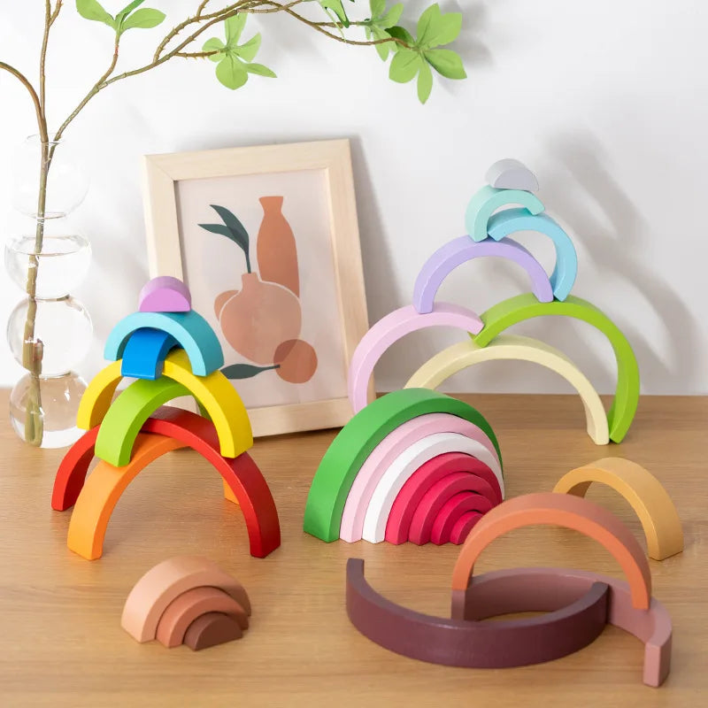 Heißer Bogen Brücke Regenbogen Bausteine Kinder Montessori Lernspiele Farbe und Form Kognitive Holz Spielzeug für Kinder