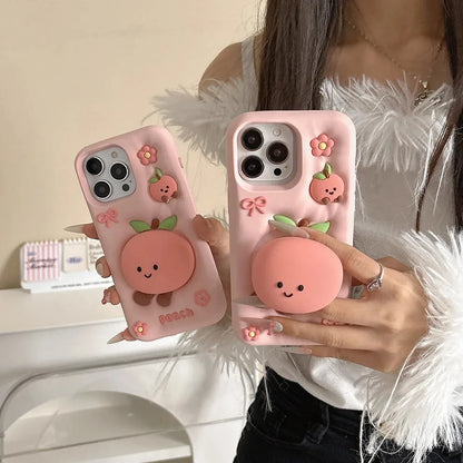 Süße Sommerfrucht-Blumen-Pfirsich-Ständer-weiche Silikonhülle für iPhone 17, 16, 15, 14, 13, Pro Max 14, 15 Plus, stoßfeste Schutzhülle